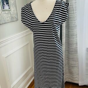 Knot Sisters Black and White Striped V-Neck 100% Cotton Midi Dress